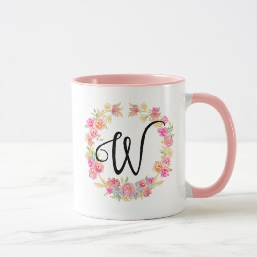 Monogramme rose mou (W) Fleur Flower Wreath Mug (Droite)