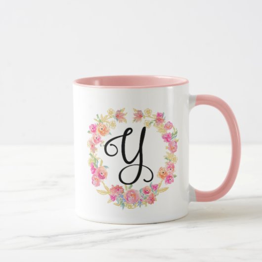 Monogramme rose mou (Y) Fleur Flower Wreath Mug (Droite)