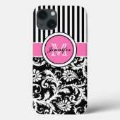 Monogramme rose, noir, blanc Coque en damas rayé (Verso)