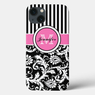Monogramme rose, noir, blanc Coque en damas rayé