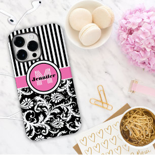 Monogramme rose, noir, blanc Coque en damas rayé