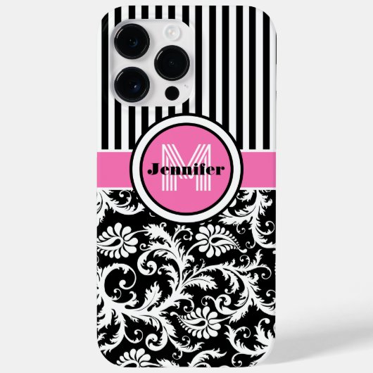Monogramme rose, noir, blanc Coque en damas rayé (Verso)