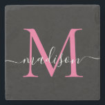 Monogramme rose noire moderne Nom du script fémini<br><div class="desc">Élégant noir Magenta Hot rose Monogramme Feminine Script Nom Dessous de verre de pierre</div>