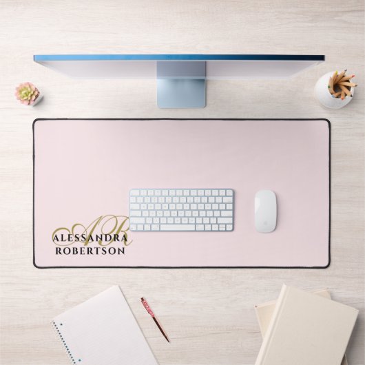 Monogramme rose pastel élégant Noir Or minimaliste (Bureau 1)
