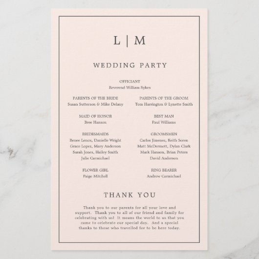 Monogramme rose simple Élégant programme de mariag (Dos)