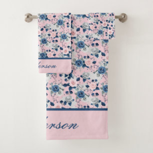 Monogramme Roses Florales Rose Bleu Cadeau Élégant