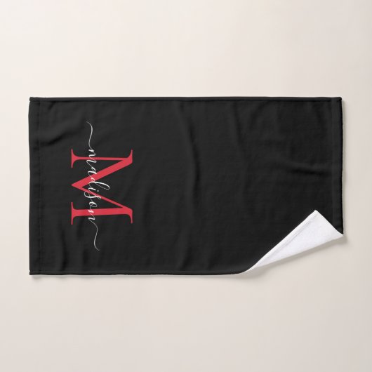 Monogramme rouge bourgogne noire moderne Nom du sc (Serviette à main)