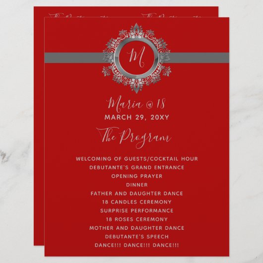 Monogramme rouge et gris Programmes d'anniversaire (Devant / Derrière)