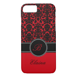 Monogramme rouge, noir, blanc Damas iPhone 7 Coque