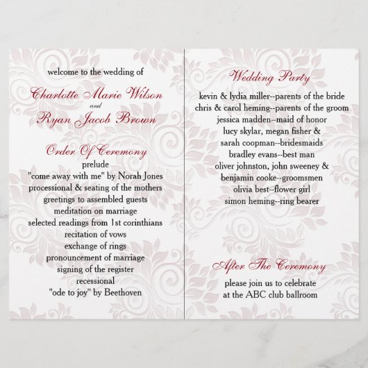 monogramme rouge plié programme de mariage (Dos)