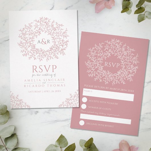 monogramme RSVP mariage à feuille rose vif