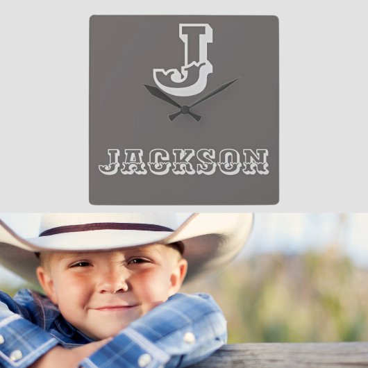 Monogramme rustique Nom du garçon Horloge de la pé
