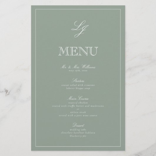 Monogramme Sage Green Script élégant Menu Mariage (Devant)