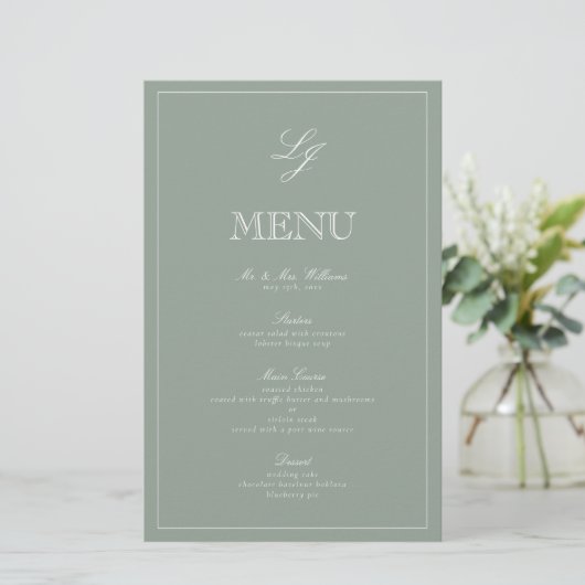 Monogramme Sage Green Script élégant Menu Mariage (Debout devant)