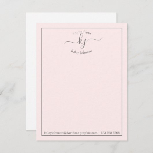 Monogramme Script Blush Du Bureau De La Carte Note (Devant / Derrière)