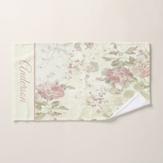 Monogramme Shabby Chic Rose Vert Rose Floral (Serviette à main)