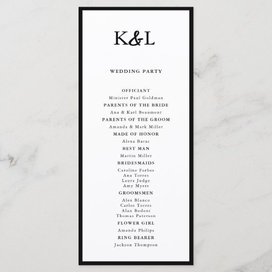 Monogramme simple Programme de mariage noir et bla (Dos)