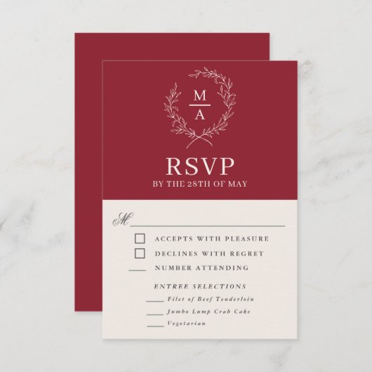 Monogramme simple rustique rouge élégant RSVP avec (Devant / Derrière)