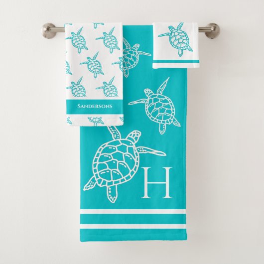 Monogramme Tortues de mer Turquoise Bleu Nautique  (En situation)