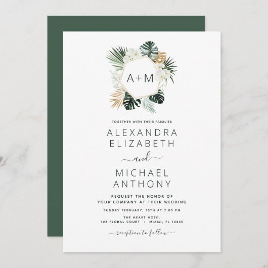 Monogramme Tropical Emerald Green Faire-part de ma (Devant / Derrière)