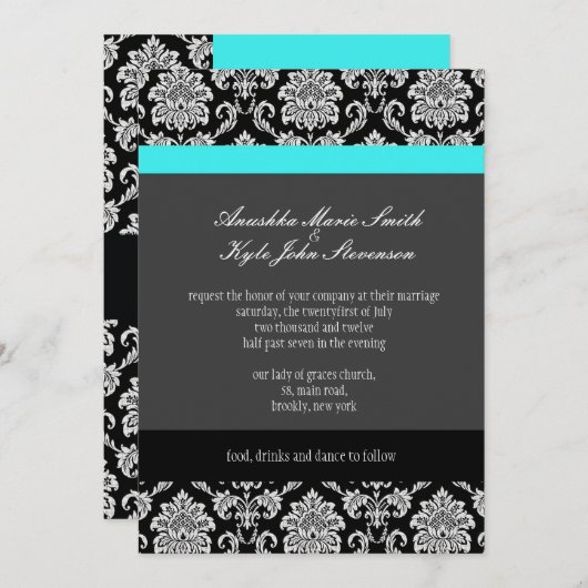 Monogramme turquoise Damask Faire-part de mariage (Devant / Derrière)