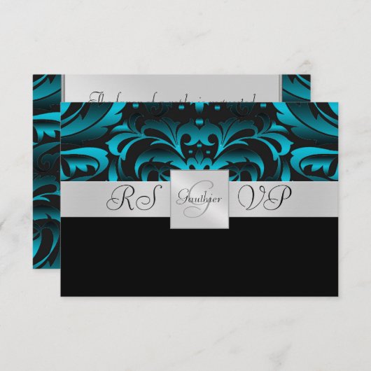 Monogramme Turquoise foncé Demi Damas RSVP Invitat (Devant / Derrière)