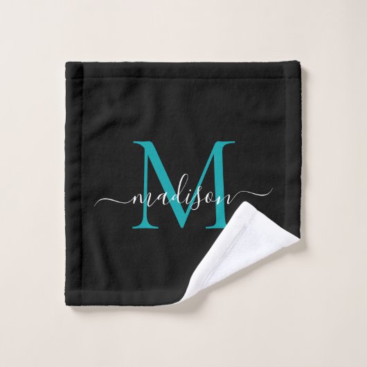 Monogramme Turquoise noir moderne Nom du script (Gant de toilette)