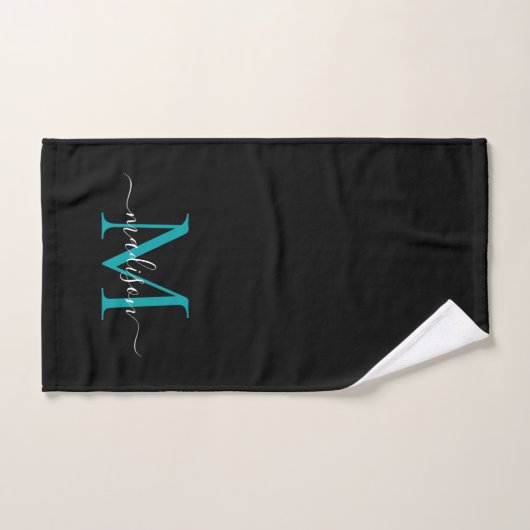 Monogramme Turquoise noir moderne Nom du script (Serviette à main)
