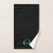 Monogramme Turquoise noir moderne Nom du script (Serviette à main)