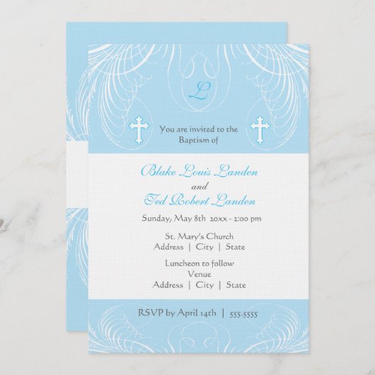 Monogramme Twin Boys Baptism Invitation (Devant / Derrière)