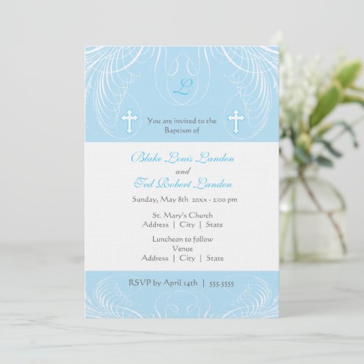 Monogramme Twin Boys Baptism Invitation (Debout devant)