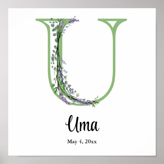 Monogramme U Lavender Eucalyptus nursery Poster (Devant)