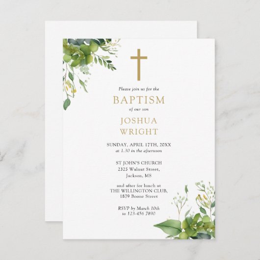 Monogramme vert Baptême Christening Invitation (Devant / Derrière)