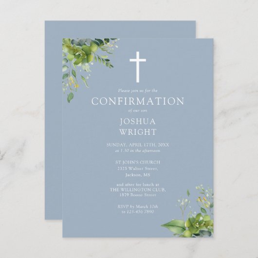 Monogramme vert Confirmation bleue Invitation (Devant / Derrière)