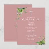 Monogramme vert Confirmation rose Invitation (Devant / Derrière)