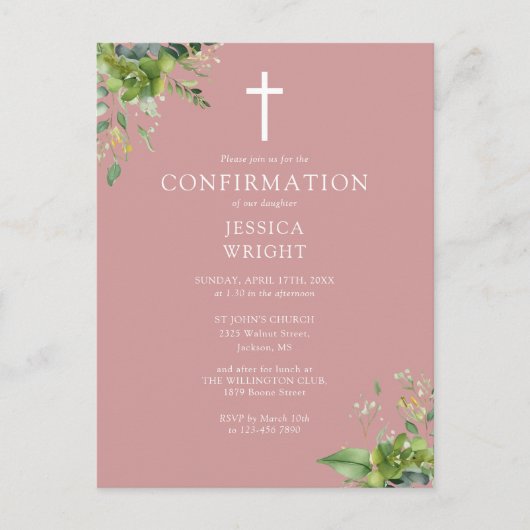 Monogramme vert Confirmation rose Invitation (Devant)