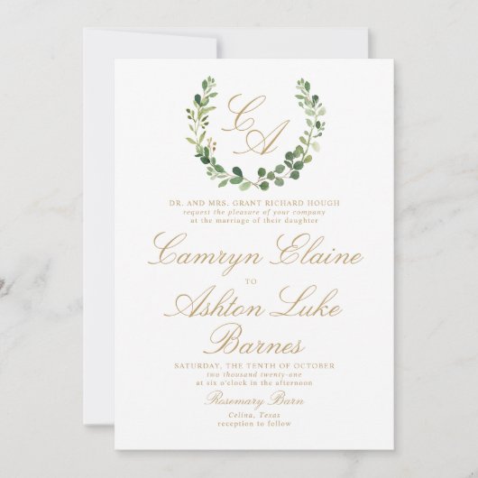 Monogramme vert Faire-part de mariage (Devant)