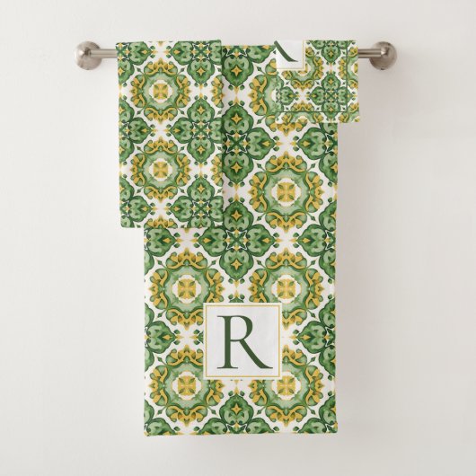 Monogramme vert géométrique en tuiles méditerranée (En situation)