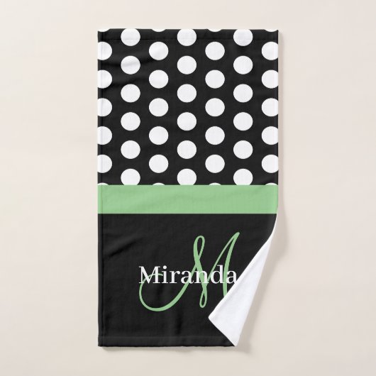 Monogramme vert noir blanc Polka point (Serviette à main)