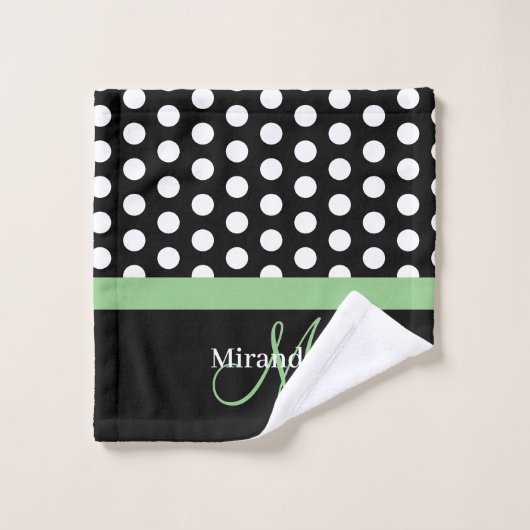 Monogramme vert noir blanc Polka point (Gant de toilette)