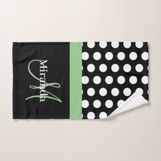 Monogramme vert noir blanc Polka point (Serviette à main)