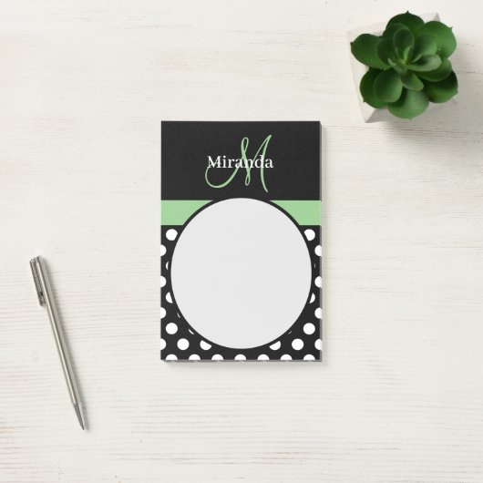 Monogramme vert noir blanc Polka Pot Notes post-it (Bureau)