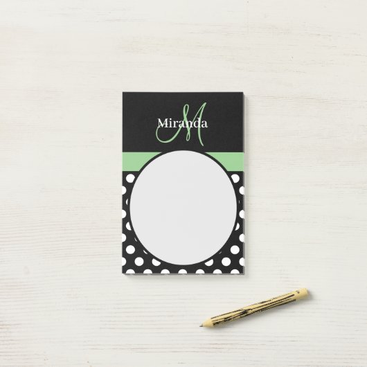 Monogramme vert noir blanc Polka Pot Notes post-it (Sur un bureau)