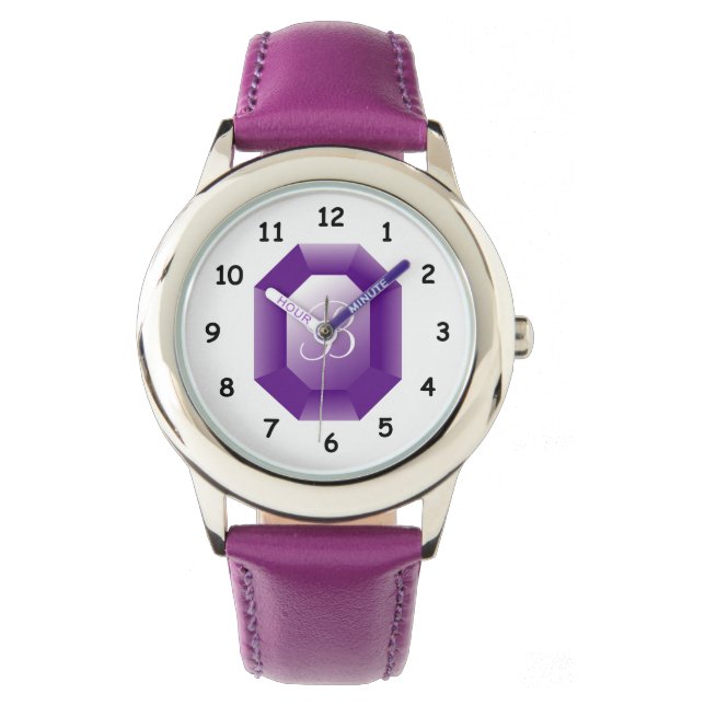 Monogramme violet Amethyst gemstone fille montre (devant)