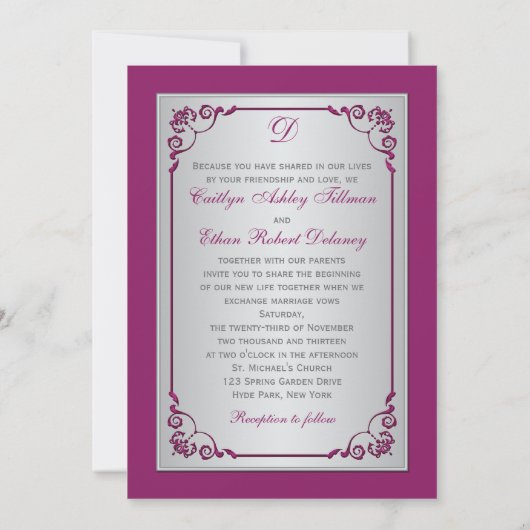 Monogramme violet, Faire-part de mariage floral ar (Dos)