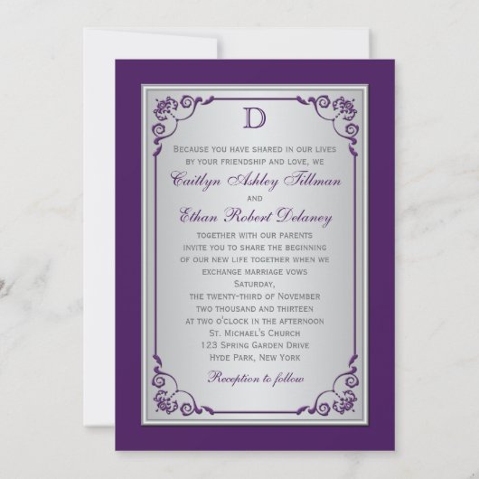 Monogramme violet, Faire-part de mariage floral ar (Dos)