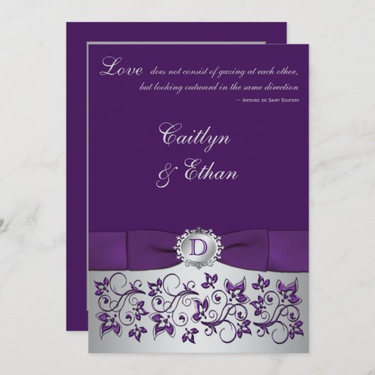 Monogramme violet, Faire-part de mariage floral ar (Devant / Derrière)