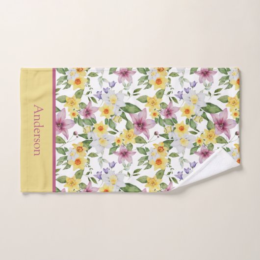 Monogramme violet jaune blanc vert floral chic (Serviette à main)