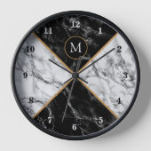 Monogramme Votre Lettre Horloge Noir Blanc Marbre (Recto)