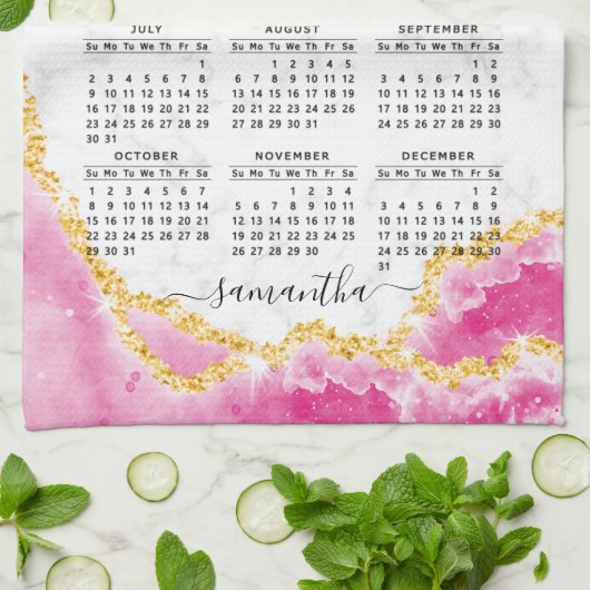 Monogrammed 2023 Calendar Girly Elegant Pink White Theedoek (Gevouwen)